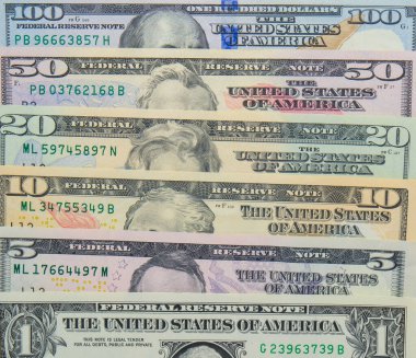 Background top view layout of modern USD currency, banknotes 1, 5, 10, 20, 50, 100. High quality photo