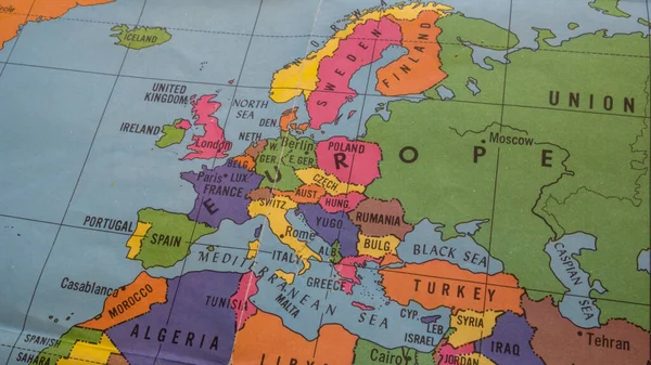Zbliżenie Starej Kolorowej Mapy Przedstawiającej Afrykę Północną Europę Wschodnią Północną — Zdjęcie stockowe