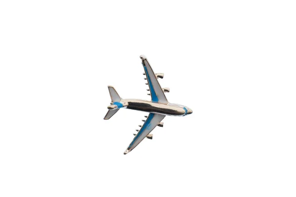 Ασημένιο Και Μπλε Αεροπλάνο Μινιατούρα Λευκό Φόντο Απομονωμένο Μονοπάτι Αποκοπής — Φωτογραφία Αρχείου