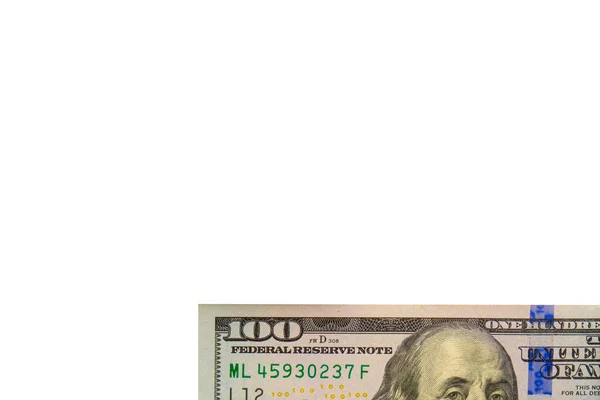 Detalle Cerca Parte Billete Moderno 100 Dólares Que Muestra Una — Foto de Stock
