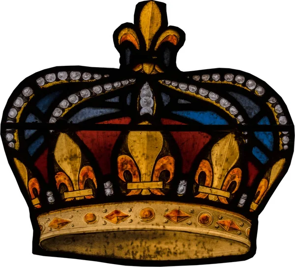 在彩色玻璃面板上装饰有金丝雀的华丽皇冠的特写 在白色的 剪开的路上被隔离了 高质量的照片 — 图库照片