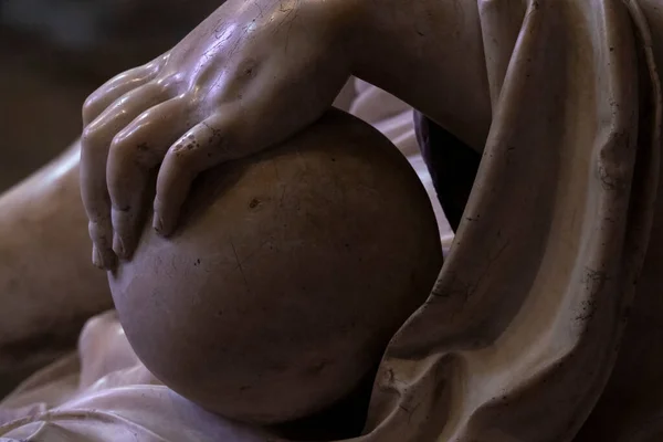 Close Detail Medieval Renaissance Marble Sculpture Cathedral Showing Hand Sphere — Stock Photo, Image