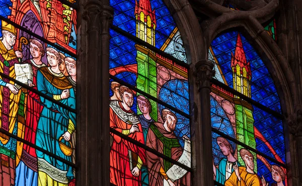 May 2023 Denis France Detail Stained Glass Depicting Cathedral Background — Stock Photo, Image