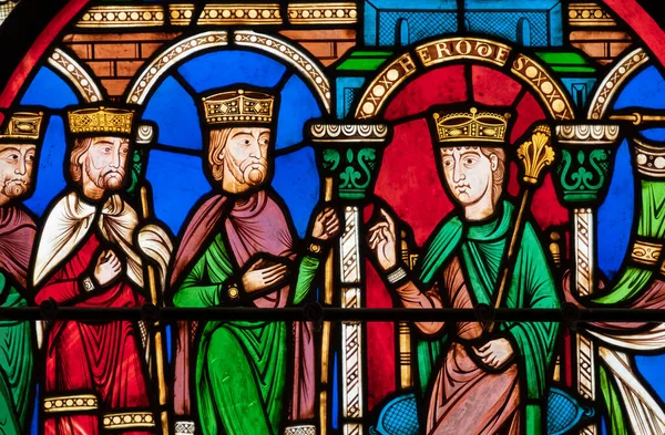 Detalj Färgat Glas Panel Visar Fyra Kungar Färgglada Morgonrockar Från — Stockfoto