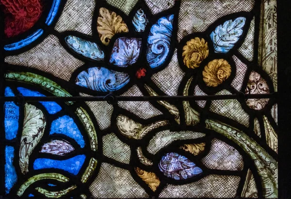Glasfenster Das Ein Mittelalterliches Blumenmotiv Darstellt Blau Rot Grün Gold — Stockfoto