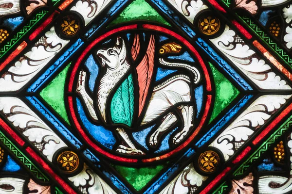 Fläckig Glasdetalj Tidig Medeltida Mytisk Varelse Griffin Denis Basilica Paris — Stockfoto