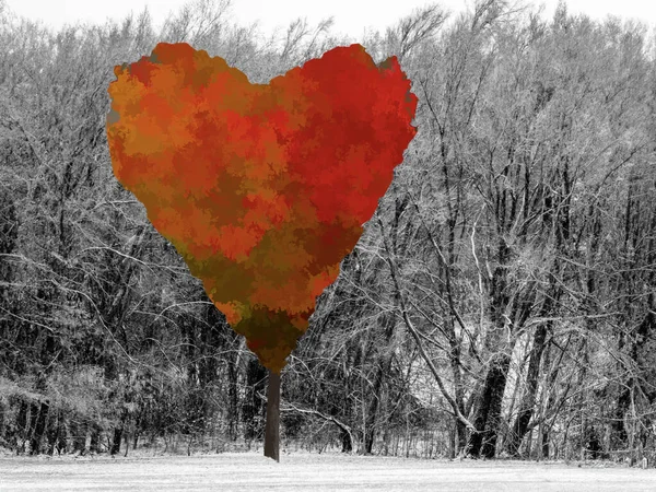 Red heart shaped tree in front of stand of trees in snow. Concept of love, kindness, peace, romance. Valentines day. digital art.