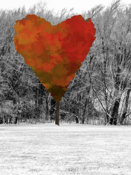 Red heart shaped tree in front of stand of trees in snow. Concept of love, kindness, peace, romance. Valentines day. digital art.