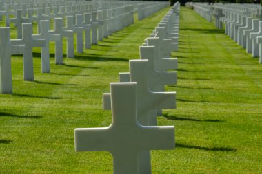 American cemetery at Normandy area. WWII memorial. Overhead view of lines of grave stones. High quality photo clipart