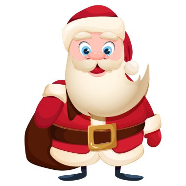 Cartoon Santa Claus in a red suit holds a bag of gifts. Merry Christmas and Happy New Year Isolated vector cartoon illustration for greeting card, banner and more. clipart