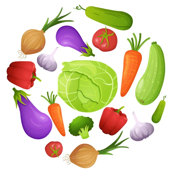 Composición Redonda Verduras Con Tomates Brócoli Berenjena Ajo Cebolla Col Vectores de stock libres de derechos