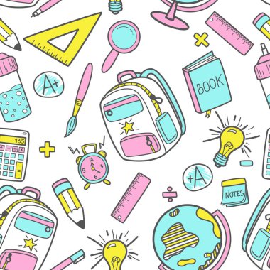 Okulun karalama simgeleriyle kusursuz desen. Okula dönelim. Konsept okul eğitiminin izole vektör unsurları.