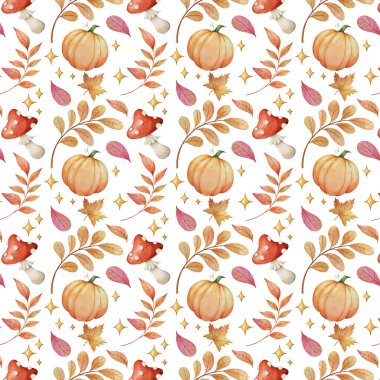 Balkabağı, yapraklar, mantarlar ve altın yıldızlarla kusursuz suluboya desenler, yumuşak mevsimlik boyanmış, kağıt, tekstil, davetiyeler, arka plan ve dekor için mükemmel..