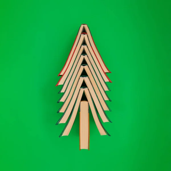 Красочные Книги Выстроенные Виде Рождественской Елки Ярком Зеленом Фоне Творческая — стоковое фото