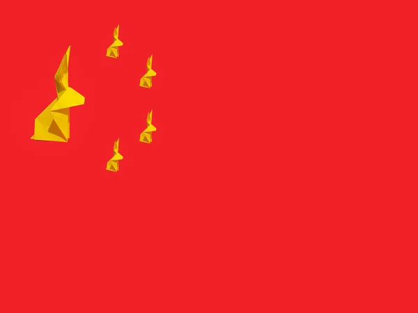 Sárga Origami Papír Nyúl Piros Háttér Rendezett Hasonlít Kínai Zászló — Stock Fotó