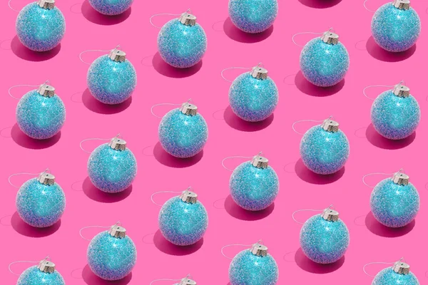 Colorful Seamless Pattern Blue Snowy Christmas Baubles Pastel Pink Background — Stock Photo, Image