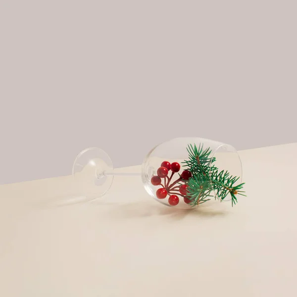 Composição Férias Inverno Mínima Com Ramo Decorativo Árvore Natal Bagas — Fotografia de Stock