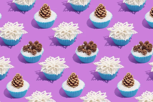 Retro Winter Holidays Pattern Pastel Blue Baking Cupcake Cup Christmas — Stock Photo, Image