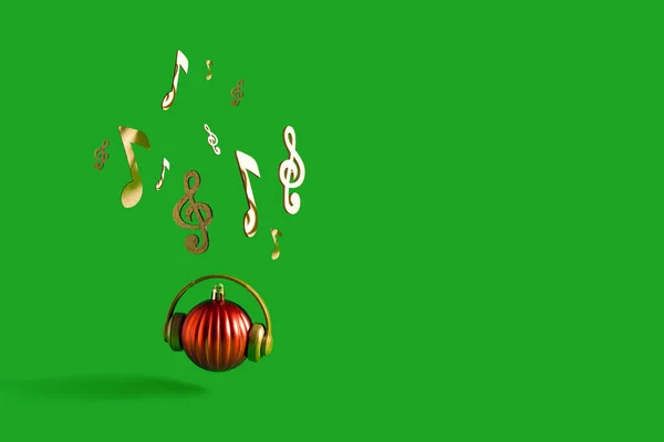 ヘッドフォン 音楽ノート 鮮やかな緑の背景にバイオリンのキーを持つ赤いクリスマスの泡 クリスマス 新年と冬の休日のパーティー 音楽と幸福の概念 — ストック写真