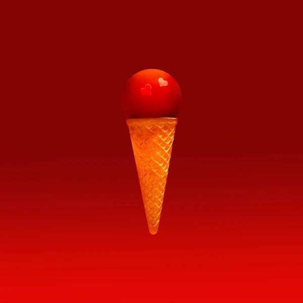 Creative aesthetic summer sunset love scene. Ice cream cone with glass sphere and two little red hearts. Monochromatic colors from blood to guardsman red. Surreal summer sunset sky, love or Valentine's Day background.