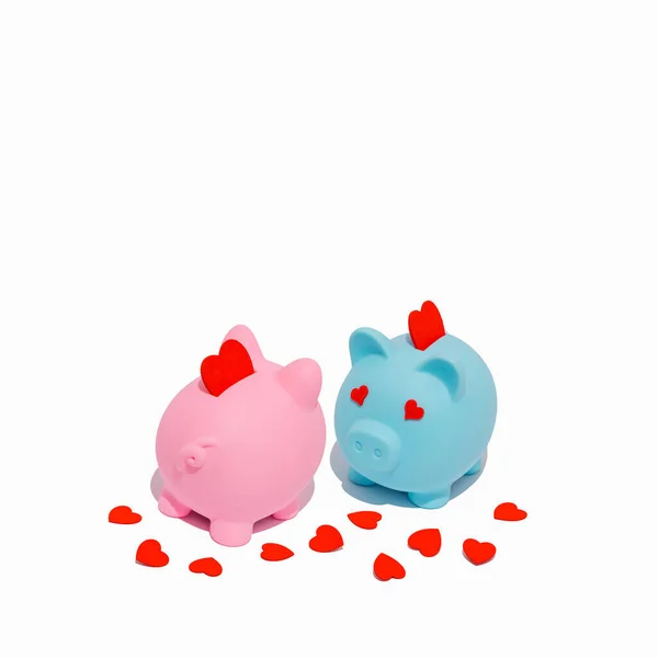 Pink and blue piggy banks in love with red hearts. Concept of love, money and savings.