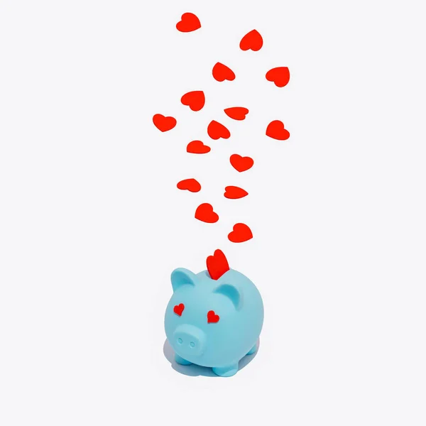 Blue piggy bank in love with red hearts. Concept of love, money and savings.