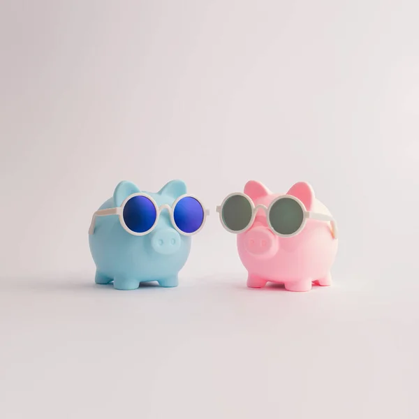 Pink and blue piggy banks with sunglasses. Concept of love and saving. Let\'s save together.