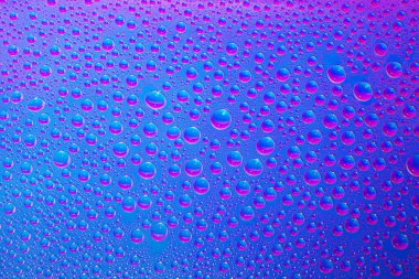 Mavi ve mor gökkuşağı eğimli arkaplanda estetik su damlaları. Holografik yumuşak pastel renk arkaplanı. Moda yaratıcı eğilim. Renkli gökkuşağı gradyan posteri, afiş duvar kağıdı.