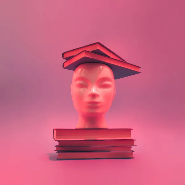 グラデーションの赤い背景に本を持つ人間の頭 現実的 教育的 研究的 知識概念 — ストック写真