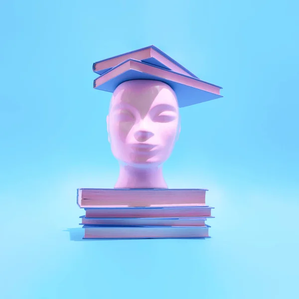 Cabeza Humana Con Libros Sobre Fondo Azul Pastel Degradado Surrealista — Foto de Stock