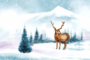 Ren geyikleriyle yeni yıl ve Noel ağacı kış manzarası