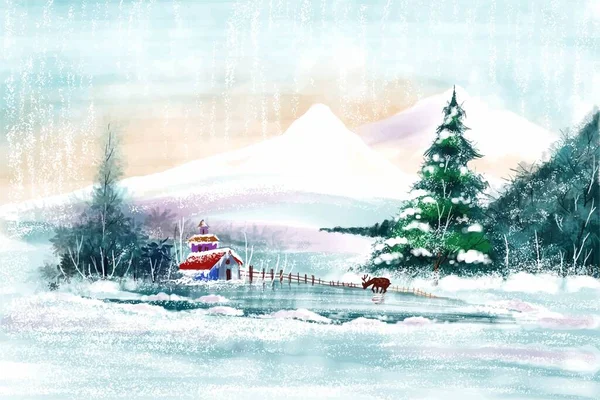Schöner Weihnachtsbaum Winter Landschaft Karte Hintergrund — Stockvektor