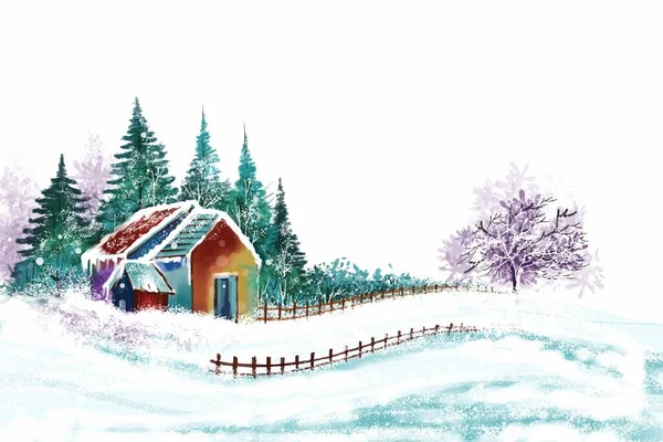 Prachtig Winterlandschap Met Huis Besneeuwde Kerstkaart Achtergrond — Stockvector