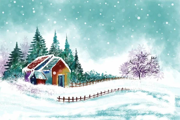 Bela Paisagem Inverno Com Casa Fundo Cartão Natal Nevado — Vetor de Stock
