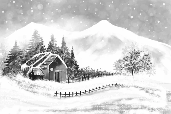 Fantastische Winterlandschaft Mit Haus Schneebedeckten Bergen Grauen Hintergrund — Stockvektor