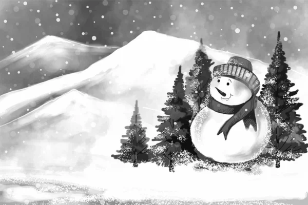 Новый Год Рождественская Елка Зимний Пейзаж Фон Снеговиком Дизайн Карты — стоковый вектор