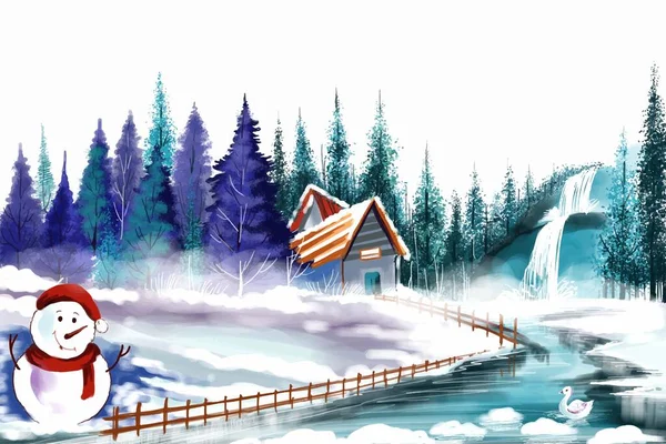 Frohe Weihnachten Baum Winter Wald Landschaft Hintergrund Mit Schneemann Karte — Stockvektor