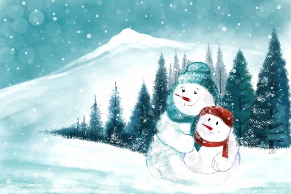 Новый Год Рождественская Елка Зимний Пейзаж Фон Снеговиком Дизайн Карты — стоковый вектор