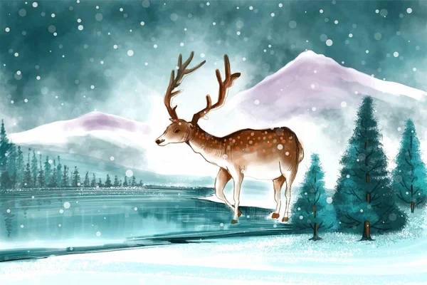 Bellissimo Paesaggio Natalizio Inverno Con Sfondo Carta Cervo Natale — Vettoriale Stock