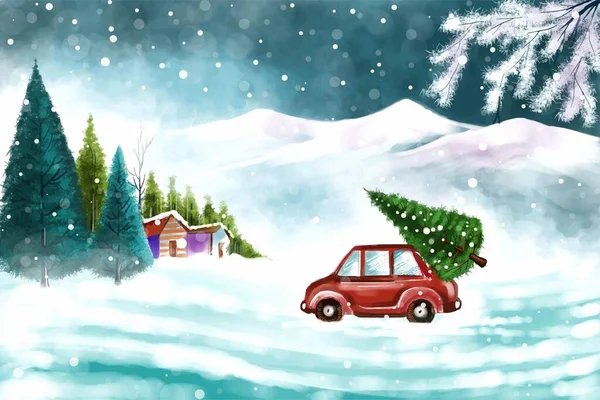 Hermoso Paisaje Invierno Con Coche Fondo Del Árbol Navidad Nevado — Archivo Imágenes Vectoriales