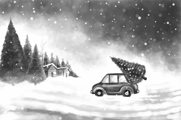 雪のクリスマスツリーグレーの背景に車で美しい冬の風景 — ストックベクタ