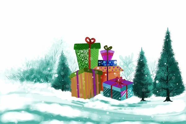 Праздничный Зимний Пейзаж Рождественские Подарки Красивый Фон Праздничной Открытки — стоковый вектор