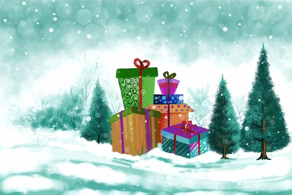 Праздничный Зимний Пейзаж Рождественские Подарки Красивый Фон Праздничной Открытки — стоковый вектор