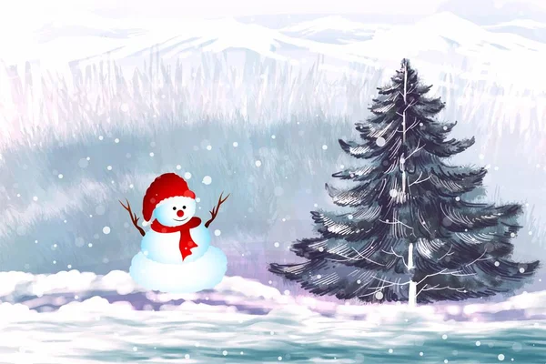 Szilveszter Karácsonyfa Téli Táj Háttér Hóember Kártya Design — Stock Vector