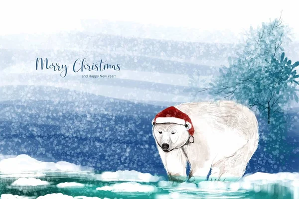 Новый Год Рождество Зимний Пейзаж Фоне Медвежьей Картой Дизайн — стоковый вектор