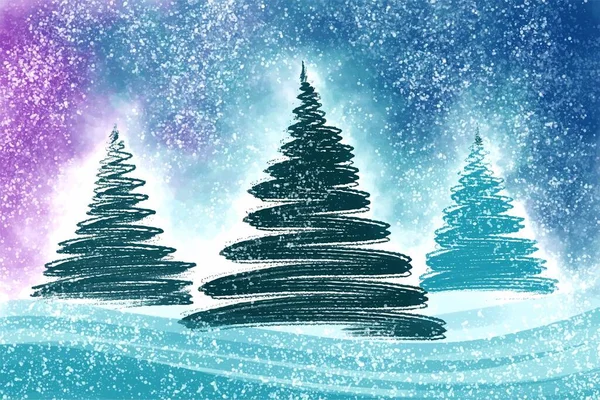 寒い天候のクリスマスの冬の風景クリスマスツリーカードの背景 — ストックベクタ