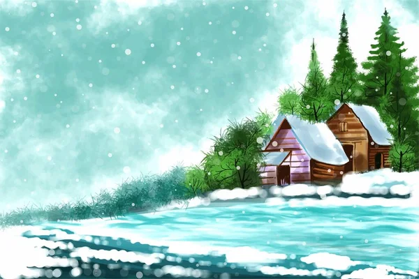 Inverno Fundo Neve Casa Natal Árvore Cartão Paisagem Design — Vetor de Stock