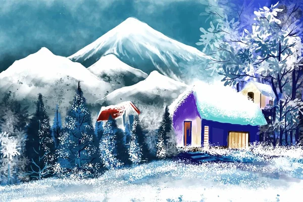 Winter Hintergrund Von Schnee Und Haus Weihnachtsbaum Karte Landschaft Design — Stockvektor