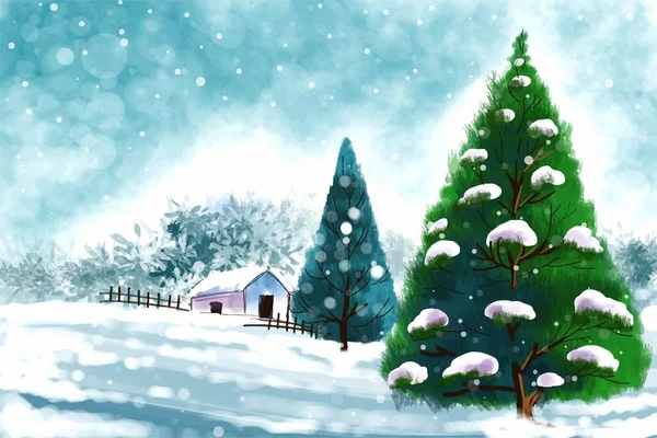 Καλά Χριστούγεννα Και Ευτυχισμένο Νέο Έτος Τοπίο Δέντρο Κάρτα Διακοπές — Διανυσματικό Αρχείο