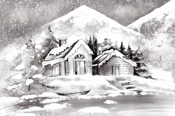 Fundo Inverno Neve Geada Desenho Cartão Esboço Natal — Vetor de Stock